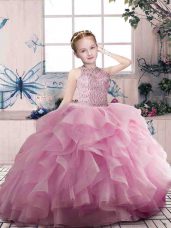 Sleeveless Zipper Floor Length Beading and Ruffles Little Girl Pageant Dress