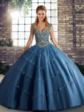 Glamorous Blue Lace Up Straps Beading and Appliques Sweet 16 Quinceanera Dress Tulle Sleeveless