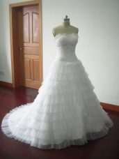 Sophisticated White Tulle Lace Up Wedding Dresses Sleeveless Brush Train Beading and Ruffled Layers