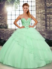 Apple Green Ball Gowns Sweetheart Sleeveless Tulle Brush Train Lace Up Beading and Ruffled Layers Ball Gown Prom Dress