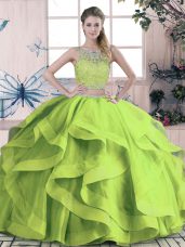 Two Pieces Vestidos de Quinceanera Green Scoop Tulle Sleeveless Floor Length Lace Up