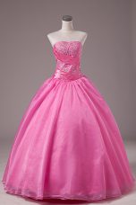 Floor Length Lace Up Quince Ball Gowns Rose Pink for Sweet 16 and Quinceanera with Embroidery