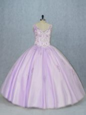 Lavender Ball Gowns Beading Sweet 16 Dresses Lace Up Tulle Sleeveless Floor Length