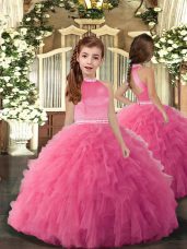Attractive Sleeveless Tulle Floor Length Backless Girls Pageant Dresses in Rose Pink with Beading and Ruffles