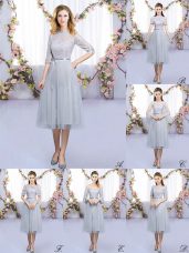 Glamorous High-neck Half Sleeves Quinceanera Court Dresses Tea Length Lace and Belt Grey Tulle