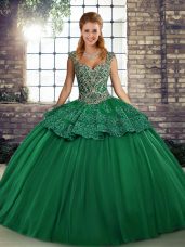 Lovely Green Straps Neckline Beading and Appliques Sweet 16 Dresses Sleeveless Lace Up