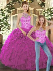 Organza Halter Top Sleeveless Lace Up Beading and Ruffles Quince Ball Gowns in Fuchsia