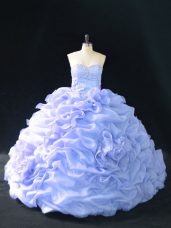 Hot Sale Lavender Ball Gowns Sweetheart Sleeveless Organza Court Train Lace Up Embroidery and Pick Ups and Hand Made Flower Sweet 16 Dresses