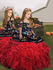 Red Organza Lace Up Kids Formal Wear Sleeveless Floor Length Embroidery and Ruffles