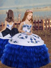 Low Price Straps Long Sleeves Girls Pageant Dresses Floor Length Embroidery and Ruffled Layers Royal Blue Organza