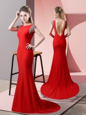 Red Short Sleeves Beading Backless Evening Dress