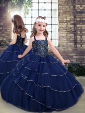 New Style Tulle Straps Sleeveless Lace Up Beading Kids Formal Wear in Navy Blue