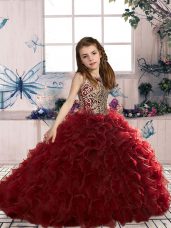 Custom Made Wine Red Ball Gowns Beading and Ruffles Little Girls Pageant Dress Wholesale Lace Up Organza Sleeveless Floor Length