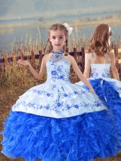 Custom Design Blue And White Organza Lace Up Little Girls Pageant Gowns Sleeveless Floor Length Beading and Embroidery and Ruffles