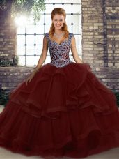Stunning Floor Length Ball Gowns Sleeveless Burgundy 15 Quinceanera Dress Lace Up
