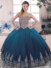 Blue Sleeveless Floor Length Beading and Appliques Lace Up Vestidos de Quinceanera