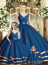 Affordable Tulle V-neck Sleeveless Backless Beading and Ruffled Layers 15 Quinceanera Dress in Navy Blue