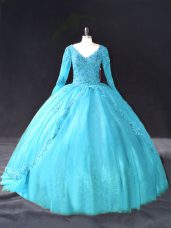 Inexpensive Aqua Blue Lace Up V-neck Lace and Appliques Sweet 16 Dresses Tulle Long Sleeves