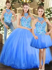Elegant Floor Length Blue Ball Gown Prom Dress Tulle Sleeveless Embroidery