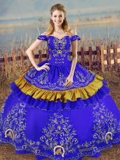 Noble Blue Sleeveless Floor Length Embroidery Lace Up Quinceanera Gowns