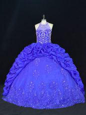 Floor Length Royal Blue Ball Gown Prom Dress Taffeta Sleeveless Beading and Appliques and Embroidery and Pick Ups