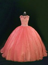 Beauteous Orange Sleeveless Tulle Lace Up Vestidos de Quinceanera for Sweet 16 and Quinceanera