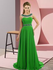 Green Chiffon Zipper Dress for Prom Sleeveless Brush Train Beading