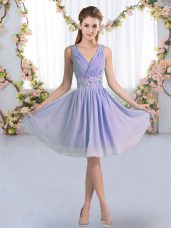 Customized Knee Length Lavender Bridesmaid Gown V-neck Sleeveless Zipper