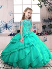 Custom Design Floor Length Lace Up Child Pageant Dress Turquoise for Party and Wedding Party with Beading and Ruffled Layers