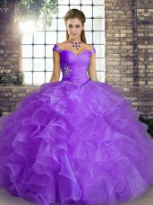 New Style Off The Shoulder Sleeveless Quinceanera Dress Floor Length Beading and Ruffles Lavender Organza