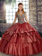 Discount Floor Length Lace Up Quince Ball Gowns Rust Red for Military Ball and Sweet 16 and Quinceanera with Beading and Ruffled Layers