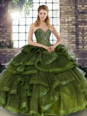 Olive Green Ball Gowns Tulle Sweetheart Sleeveless Beading and Ruffles Floor Length Lace Up Sweet 16 Quinceanera Dress