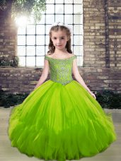Green Ball Gowns Tulle Off The Shoulder Sleeveless Beading Floor Length Lace Up Child Pageant Dress