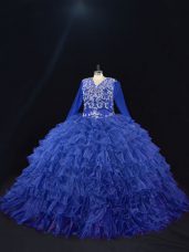 Royal Blue Long Sleeves Floor Length Beading and Ruffled Layers Lace Up Sweet 16 Quinceanera Dress