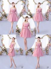Glamorous Mini Length Pink Bridesmaid Gown V-neck Half Sleeves Lace Up