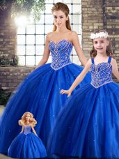 Dynamic Blue Sleeveless Tulle Brush Train Lace Up Sweet 16 Dresses for Military Ball and Sweet 16 and Quinceanera