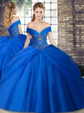 Classical Royal Blue Ball Gowns Tulle Off The Shoulder Sleeveless Beading and Pick Ups Lace Up Sweet 16 Dresses Brush Train