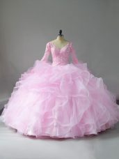 Dazzling Pink Tulle Lace Up V-neck Long Sleeves Floor Length Quinceanera Dresses Lace and Ruffles
