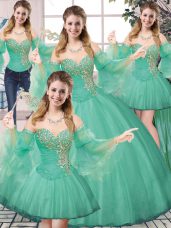Dramatic Turquoise Ball Gowns Sweetheart Sleeveless Tulle Floor Length Lace Up Beading Quinceanera Gown