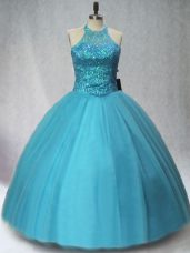 Suitable Teal Halter Top Neckline Beading Quinceanera Gowns Sleeveless Lace Up