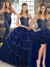 Navy Blue Quince Ball Gowns Sweetheart Sleeveless Brush Train Lace Up