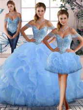 High End Blue Quinceanera Gown Sweet 16 and Quinceanera with Beading and Ruffles Off The Shoulder Sleeveless Lace Up