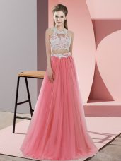 Watermelon Red Sleeveless Floor Length Lace Zipper Quinceanera Court of Honor Dress