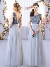 Romantic Grey Tulle Lace Up Scoop Sleeveless Floor Length Quinceanera Court of Honor Dress Appliques