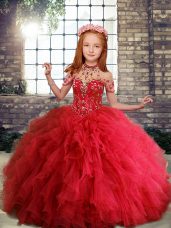 Floor Length Red Pageant Gowns For Girls Scoop Sleeveless Lace Up