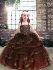 Beautiful Beading and Ruffles Party Dress for Girls Brown Lace Up Sleeveless Floor Length