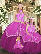 Custom Fit Sleeveless Floor Length Embroidery Lace Up Quinceanera Gowns with Fuchsia