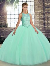 Elegant Apple Green Tulle Lace Up Scoop Sleeveless Floor Length Quinceanera Dress Embroidery