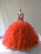 Glittering Scoop Sleeveless Sweet 16 Dress Floor Length Beading and Ruffles Orange Red Tulle