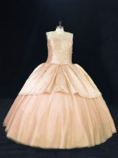 Elegant Beading Quinceanera Gown Peach Lace Up Sleeveless Floor Length